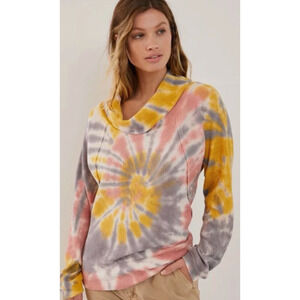 Anthropologie Pilcro Angie Mock Neck Waffle Thermal Tie Dye Shirt Size L